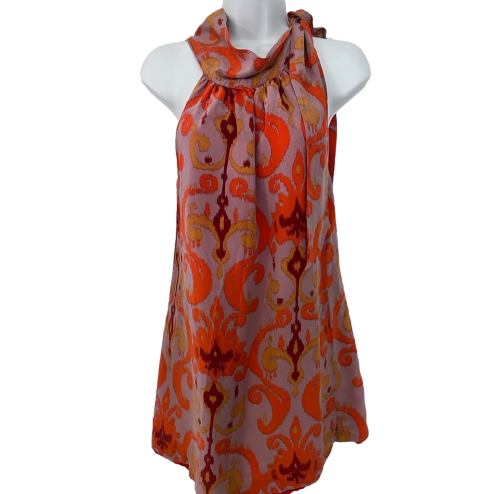 Silk Sleeveless Tie-Neck Printed Shift Dress in Orange & Pink